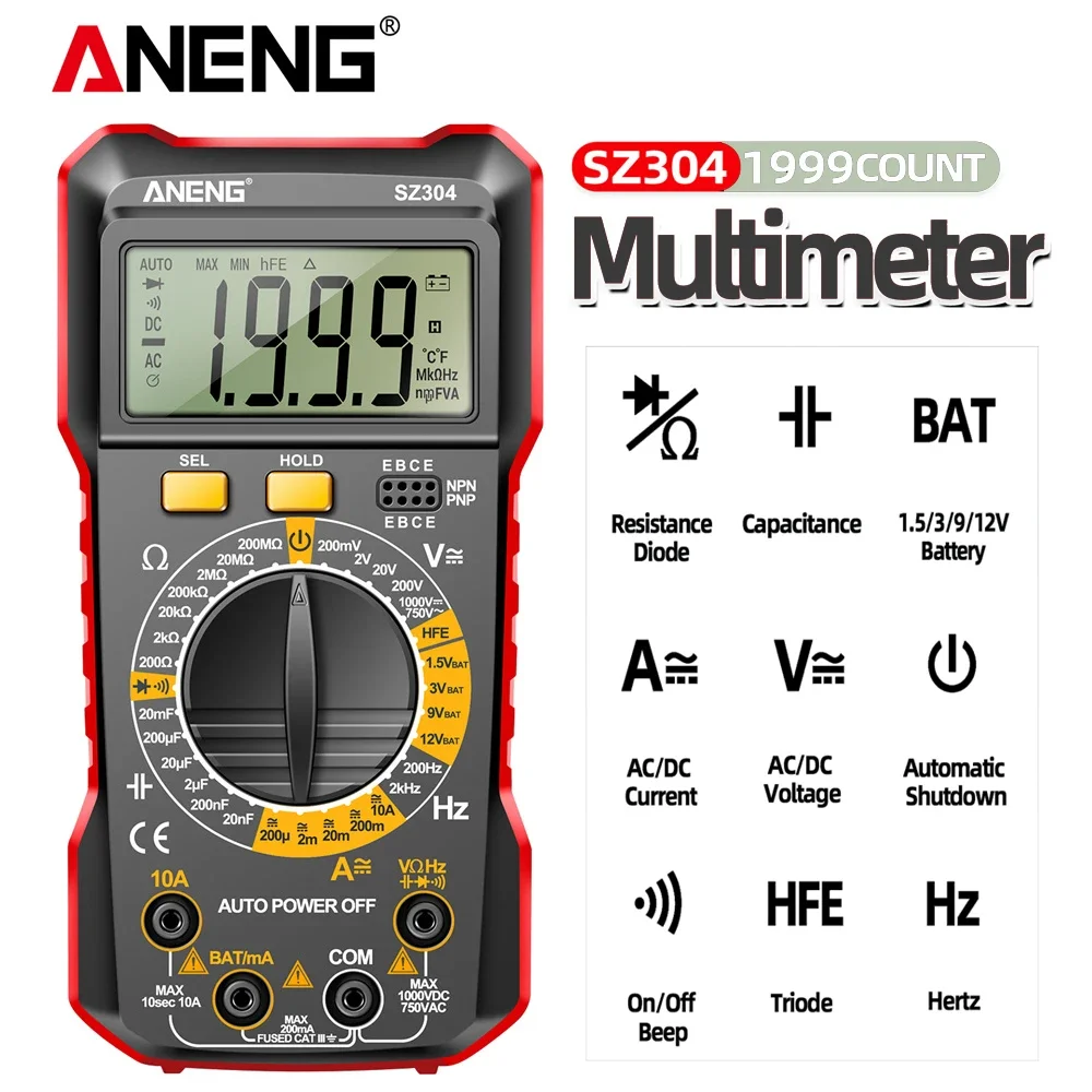 ANENG Digital Multimeter Multifunctional Voltage Resistance Meter AC/DC Voltage Current Ohm Test Tool for Diode/Transistor Check