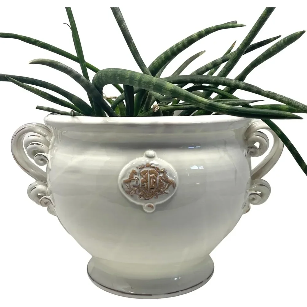 

Italian Ceramic Cachepot Vase Flowerpot Planter Art Pottery Indoor/Outdoor Hand Painted White Shabby R