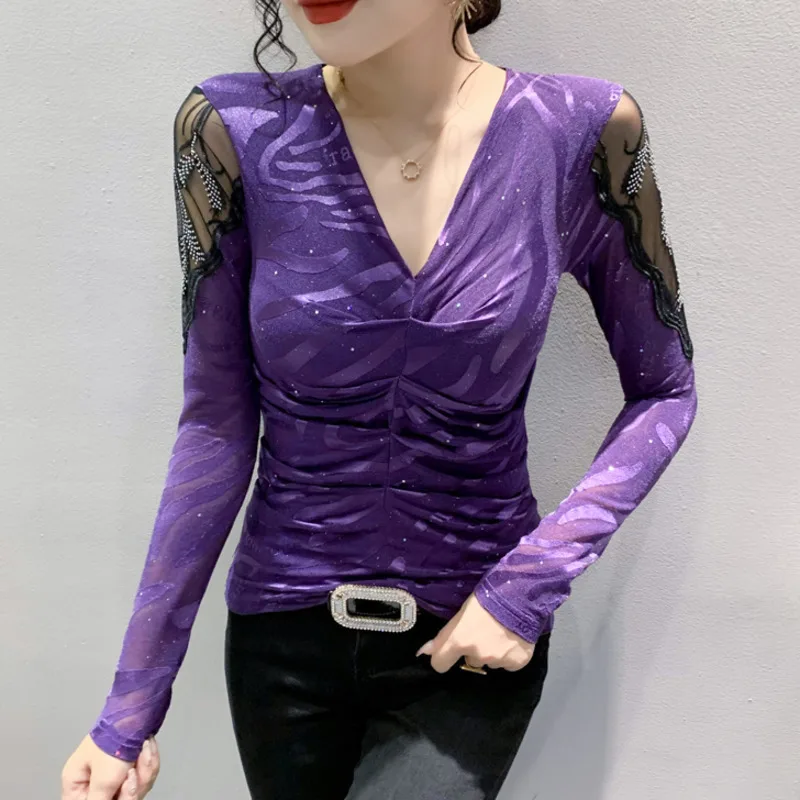 #8002 Black Purple Long Sleeve T Shirt Women V-neck Sexy Tight T-shirt Female Spliced Mesh Hollow Out Irregular T-shirt Femme