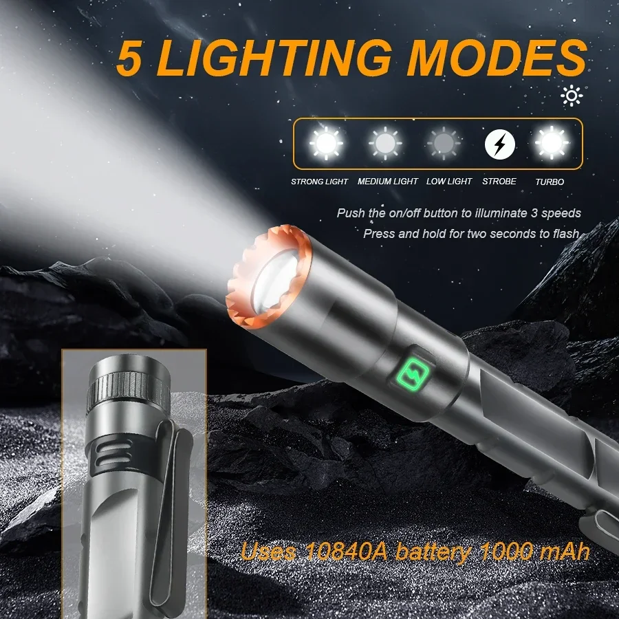 Powerful 2000LM Mini Flashlight USB Charging Zoom Flashlight with Clip Magnetic Pocket Torch for Camping Hiking Emergency Light