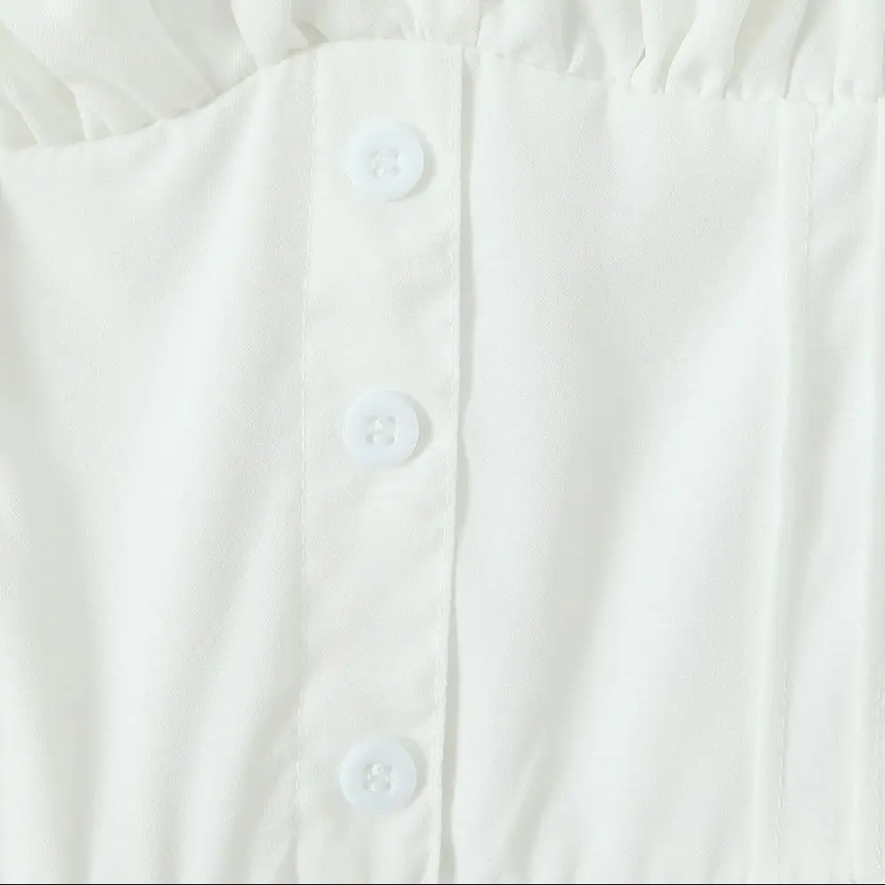 Sexy blanco botones abiertos cuello en V fruncido pecho arco correa elástica Sling vestido fruncido elástico espalda cremallera lateral A-lined Midi Robe