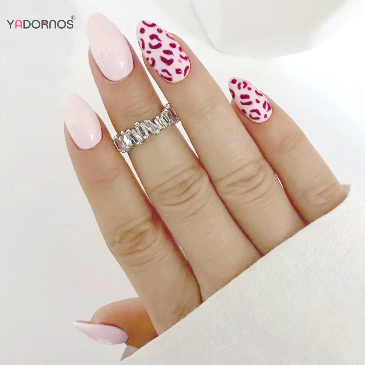 24Pcs Almond Press On Nails White False Nails With Rose Pink Leopard Print Designs Full Cover Fashionable Sweet Fake Nail Tips