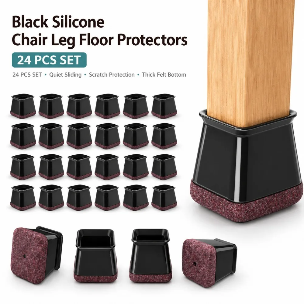 

24 Pack Black Silicone Chair Leg Floor Protectors, Square Felt Furniture Caps for Chairs Tables Sofas, Anti-Slip Quiet