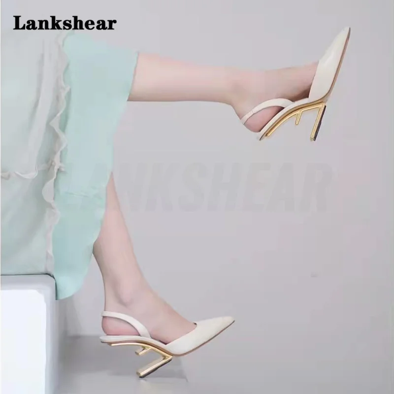 

Pointed-Toe Special-Shaped Heel Baotou Hollow Sandals Shallow Mouth Sheepskin Rear Strap High-Heeled Single Shoes Women's Shoes