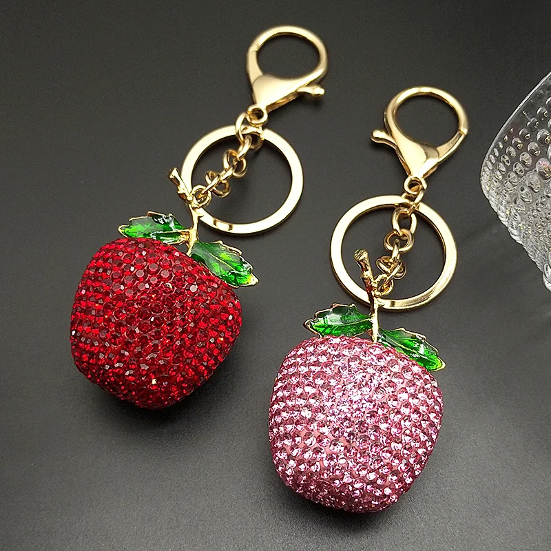 Sweet Apple Fruit Keychain For Women Men Stainless Steel Full Crystal Red Blingbling Bag Pendant Keyring Jewelry Christmas Eve