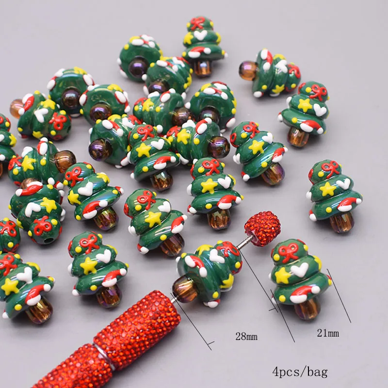 4pcs/bag Christmas Acrylic Beads Drawn Christmas Tree Beads for Jewelry Making DIY Phone Chain Bead Pen Accessories