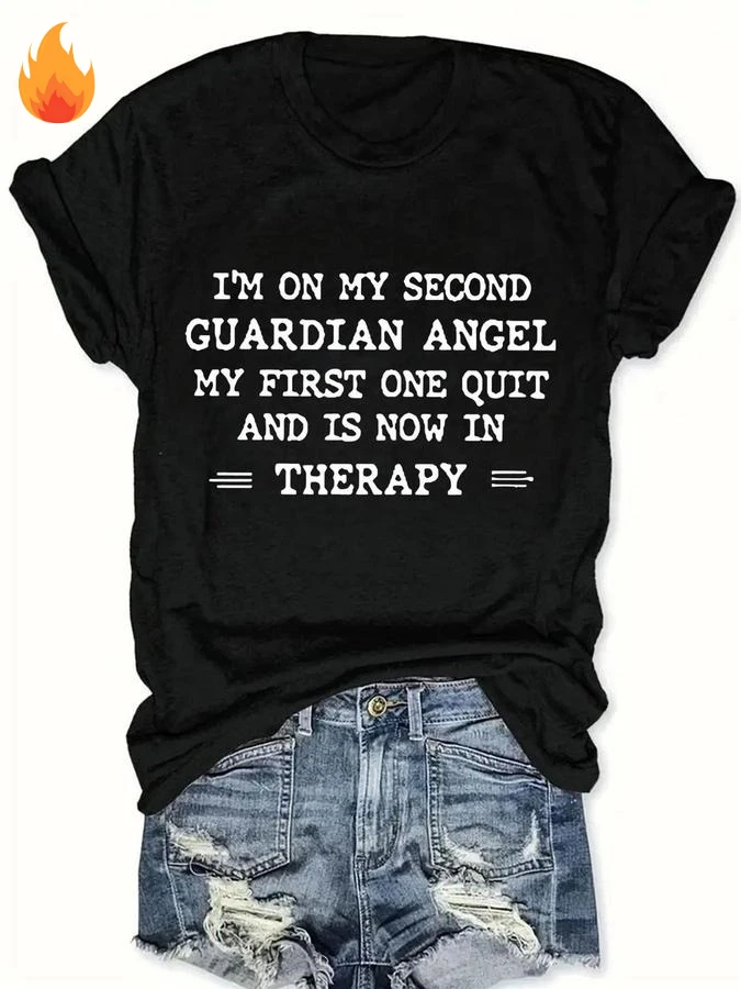 Im On My Second Guardian Angel T Shirt Women Funny Sarcastic Slogan Graphic Tees My First One Quit Letter Printed Black Crew Neck Short Sleeve Top Casual Outfits