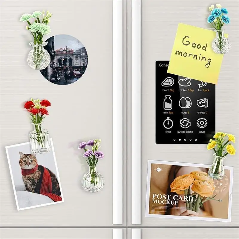 1/5 PCS Mini Glass Vase Fridge Magnet DIY Porcelain Flowers Refrigerator Message Sticker Plant Green Gift No Fall
