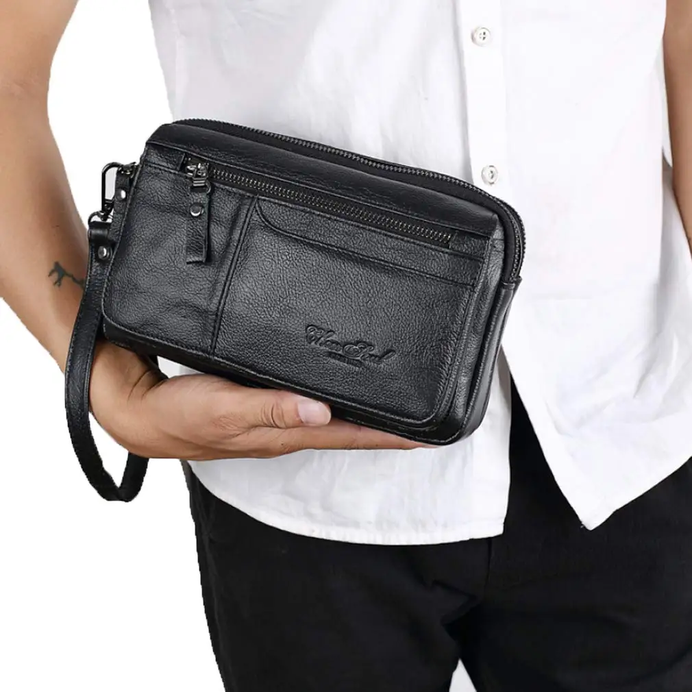 Leather Clutch Purse Wallet for Men Wristlet Zipper Passport Coin Phone Card Carrier Organizer Holder Wrist for Business Travel