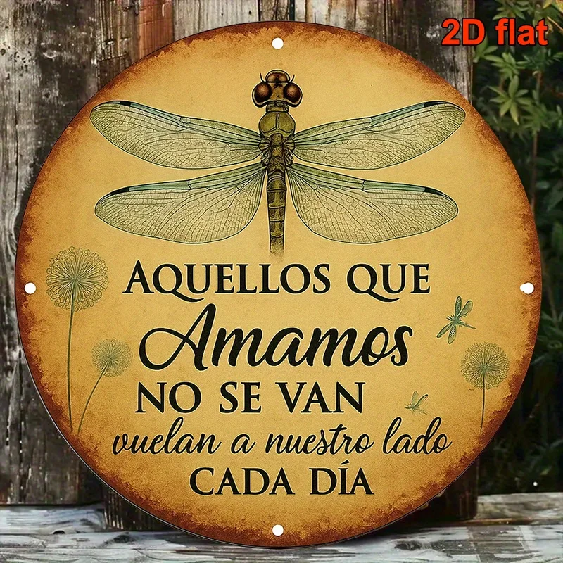 1pc, Round Spanish Aluminum Sign, Vintage Decorative Plaque About 'Those We Love Are Always with Us', Dragonfly Decorative