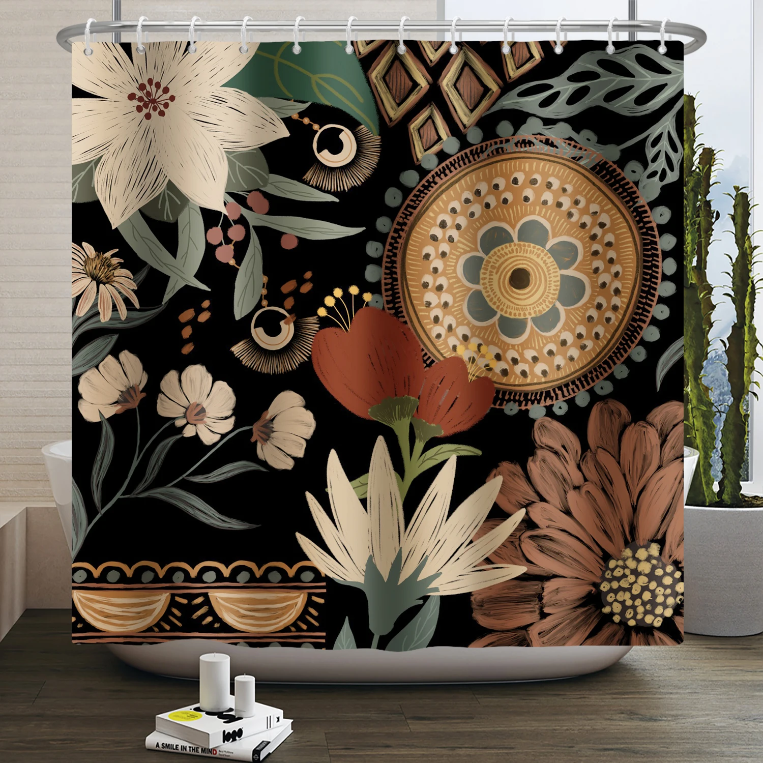 Boho Flower Shower Curtain Floral Black Abstract Bohemian Vintage Modern Aesthetic Waterproof Fabric Bathroom Curtain With Hooks