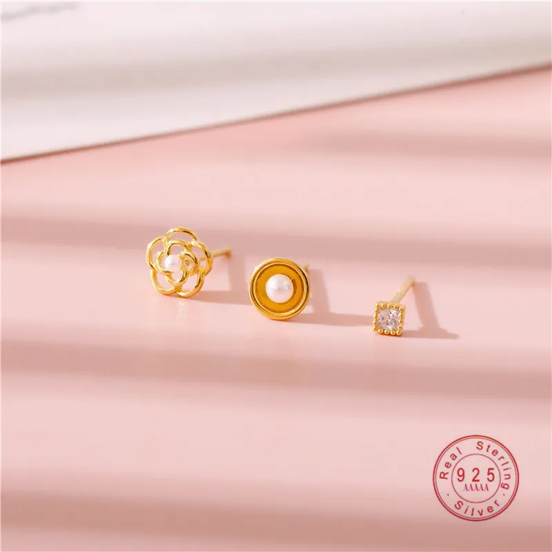 

HI MAN 925 Sterling Silver Boho 3 Pcs/Set Flower Pearl Shell Geometric Zircon Stud Earrings Women Classic Simple Jewelry Gift