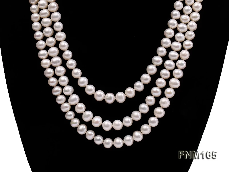 Terisa Pearl Jewelry 3 strand 7-8mm White Round Freshwater Pearl Necklace with Sterling Sliver Clasp for Women Gift T-FNM165