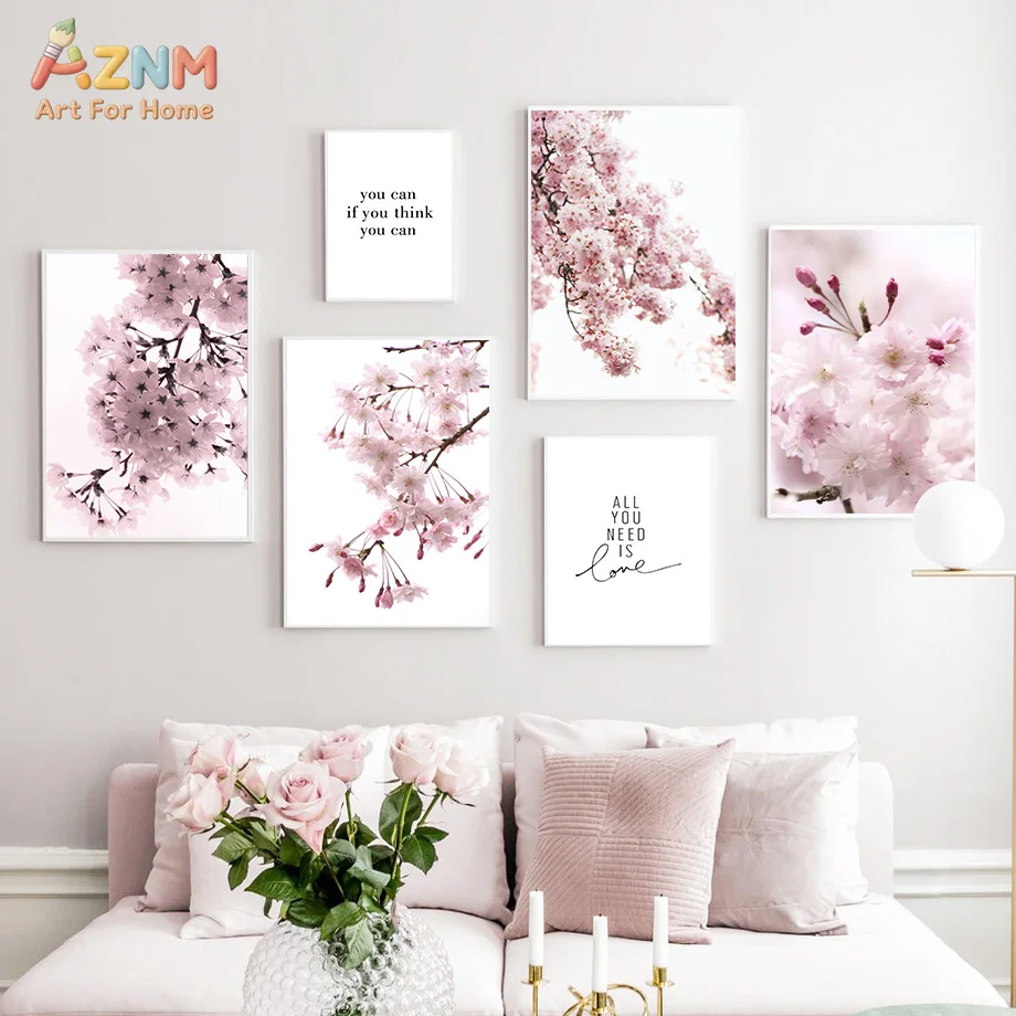 AZNM Soft Pink Cherry Blossom Canvas Wall Art Aesthetic Floral Sakura Minimalist Bedroom Decor Unframed Canvas Poster