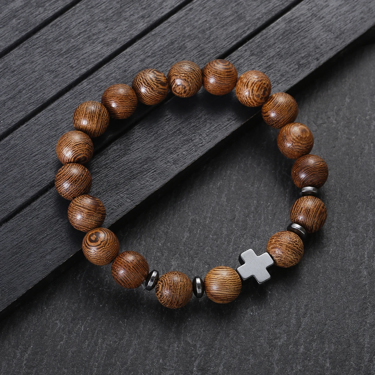 Fashion Natural Stone Beads Bracelet For Women Men Wood Bead Frosted Stone Cross Gasket Splicing Stretch Bracelet  Jewelry Gift