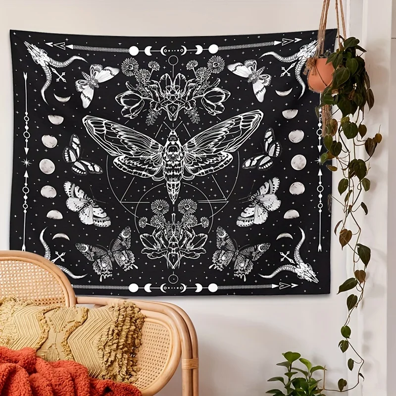 Boho Tapestry Wall Hanging Bohemian Butterfly Mandala Art Cosmic Celestial Witchy Black White Room Decor Witchcraft Mystical