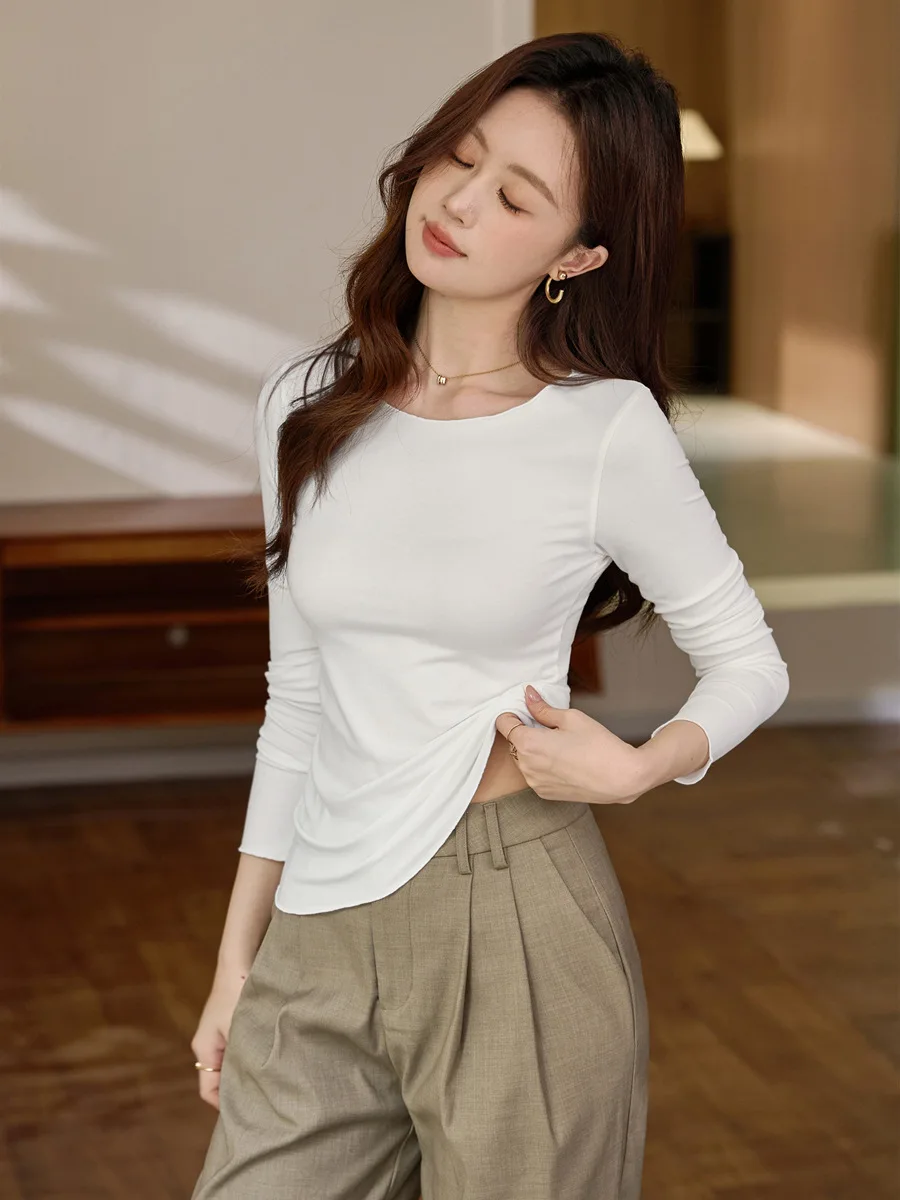 

Korea Stylish Women's T-Shirts Solid Color Full Sleeve Tops Elegant Chic Undershirts Slim Base Layer Outwear Female Blouse C5831