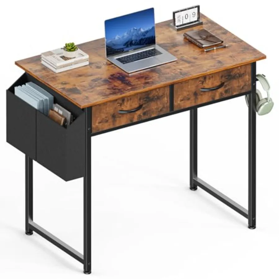 

ch Small Computer Desk with Fabric Drawers for Bedroom Home Office, Writg Gamg Desks Study PC Table with Side Bag and Headphone