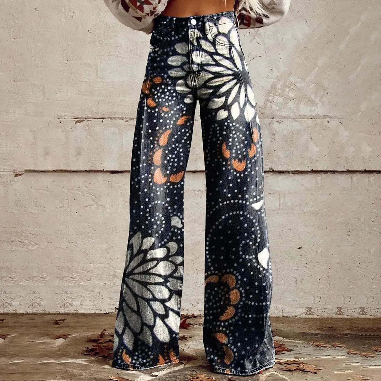 Women'S Blue Flower Print Casual Wide Leg Pants Vintage Floral Printed Wide Leg Pants Autumn Trousers Bohemian Holiday Pantalon