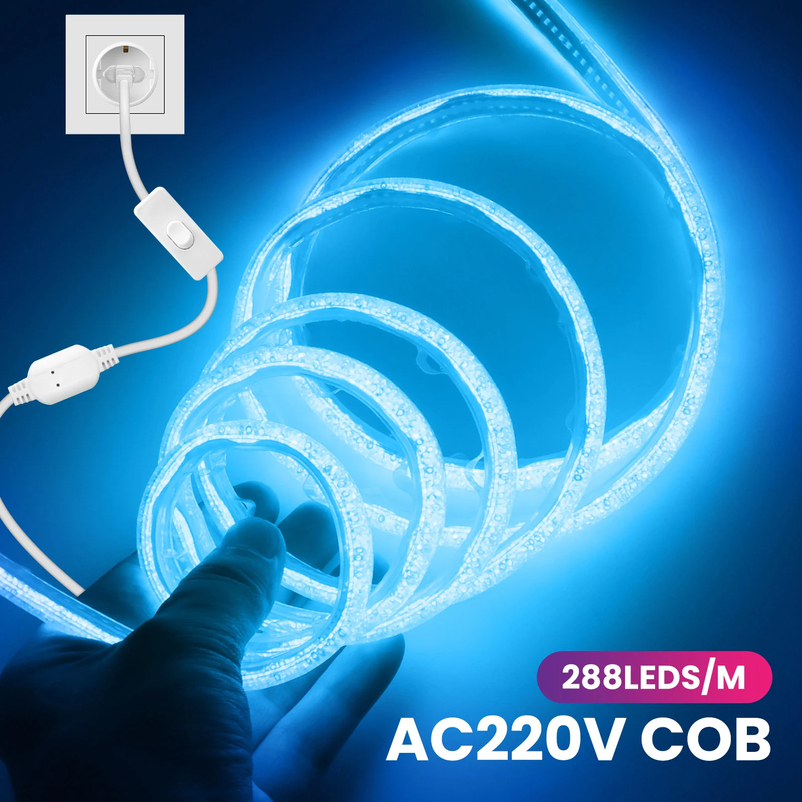 220V COB Led Strip with ON/OFF Switch Waterproof Flexible Ribbon LED Light 288Leds/m Room Decor LED Tape for Garden Lighting