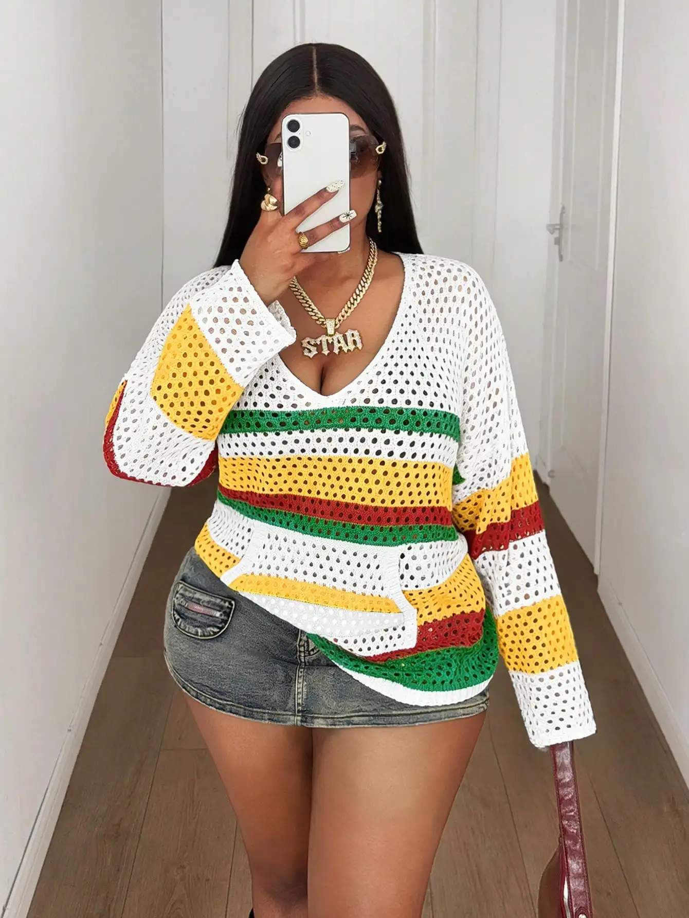 

Womens V-Neck Loose Crochet Sweater With Rainbow Stripes And Hollow Out Design