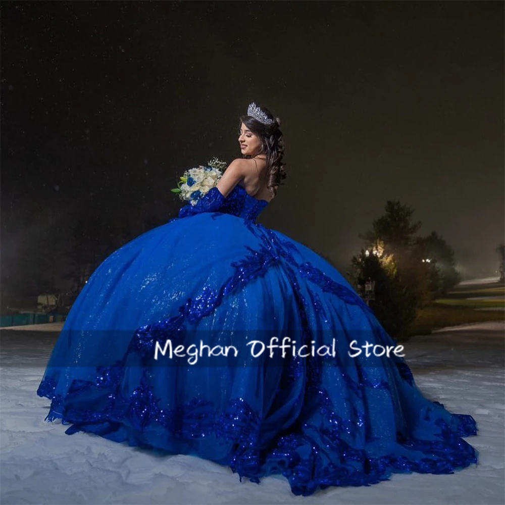 Vestidos de quinceañera con escote en forma de corazón azul real de México, vestido de baile con cuentas y lentejuelas, vestido de princesa, vestido de fiesta de cumpleaños, media manga personalizado