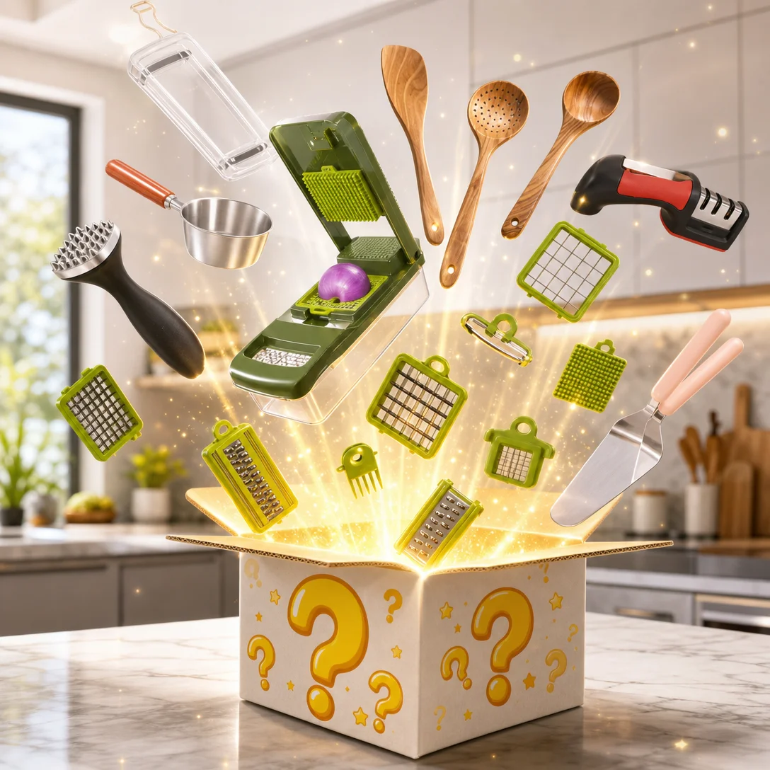 Assorted Kitchen Gadget Blind Box, random daily kitchen utensils & storage accessories, surprise mystery gift box for household cooking use.