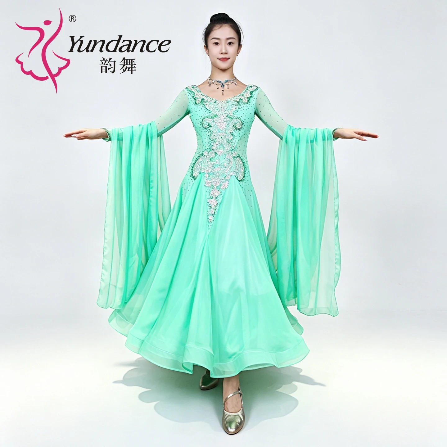 B-26081 Yundance Custom Mint Chiffon Lyrical Ballroom Dance Dress Flowing Stage Wear Women Waltz Competition High Quality