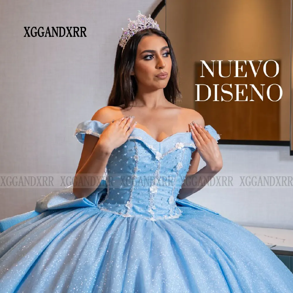 Elegant Blue Quinceanera Dress 2024 Off Shoulder Princess Ball Gown Sweet 15 Birthday Vestidos De XV Años Party Gown Bow