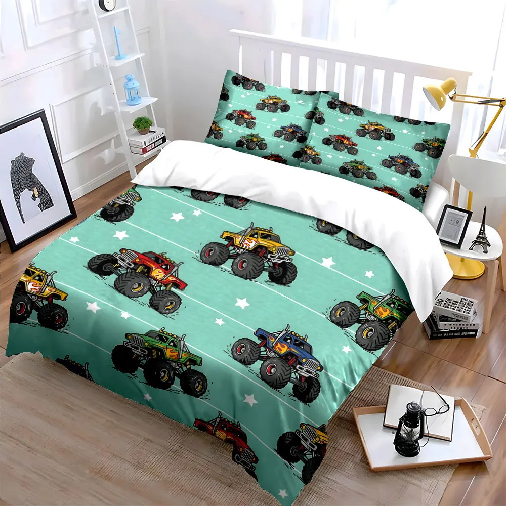 Cartoon Monster Truck Pattern Background Print Bedding Set 1 Duvet Cover 2 Pillowcases for Adult and Children Luxury Gift