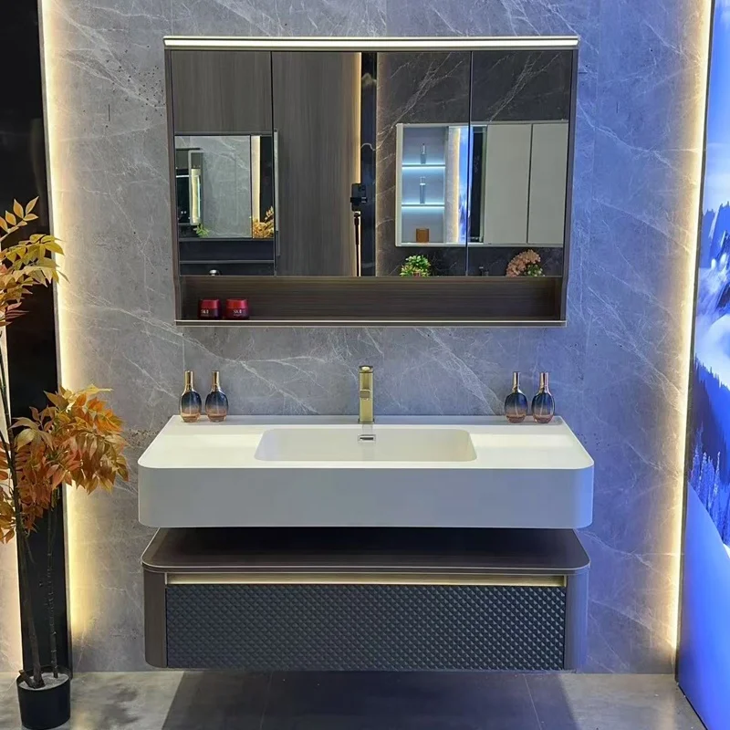 

Bathroom Vanity Cabinet With Rock- Slab Stone Modern Style Simple Design Lacquer Customized Vanity Cabinet Customizable