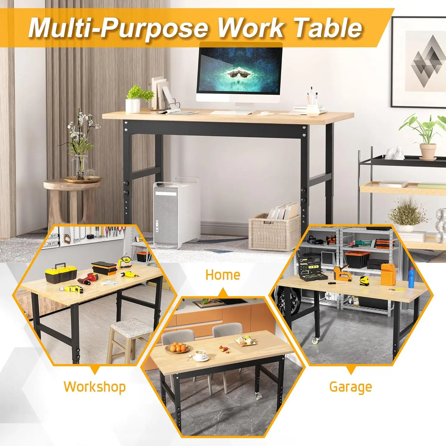 Adjustable Workbench Heavy Duty Work Table with Wheels, 2000 Lbs Capacity Hardwood Work Benches for Garage, Workshop, Office, Ho