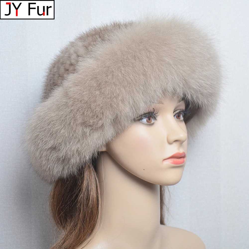 

Real Fur Hat Winter for Women's Cap Natural Mink Fur with Fox Beanie Luxury Russian Sun Knitting Bucket Hat Bonnets Wholesale