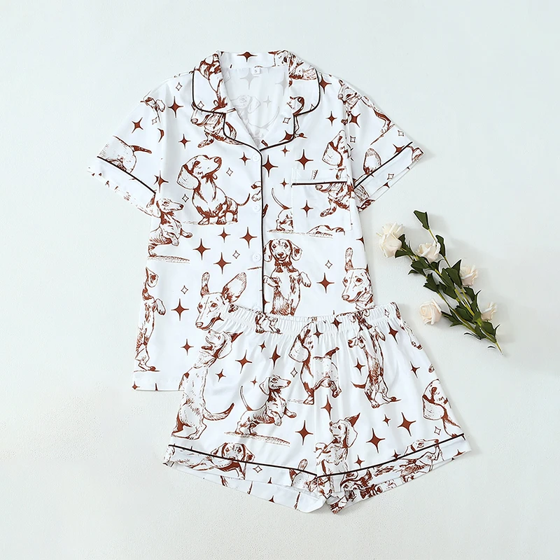 

Пижамный комплект с цветочным принтом собаки, 2 шт., удобная женская одежда для дома, кардиган, топ, шорты с эластичным поясом, свободная одежда для дома