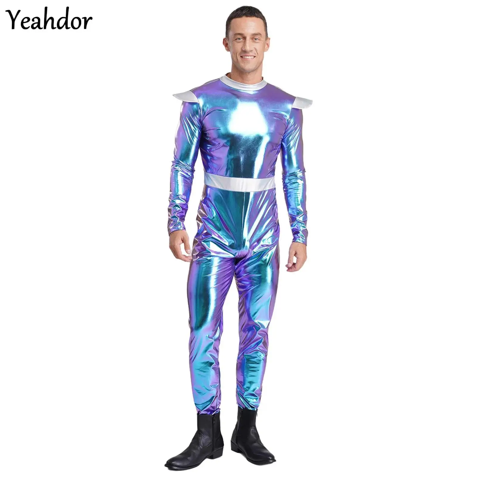 

Men Halloween Outer Space Cutie Costume Alien Astronaut Robot Cosplay Long Sleeves Zipper Metallic Shiny Bodysuit Long Jumpsuit