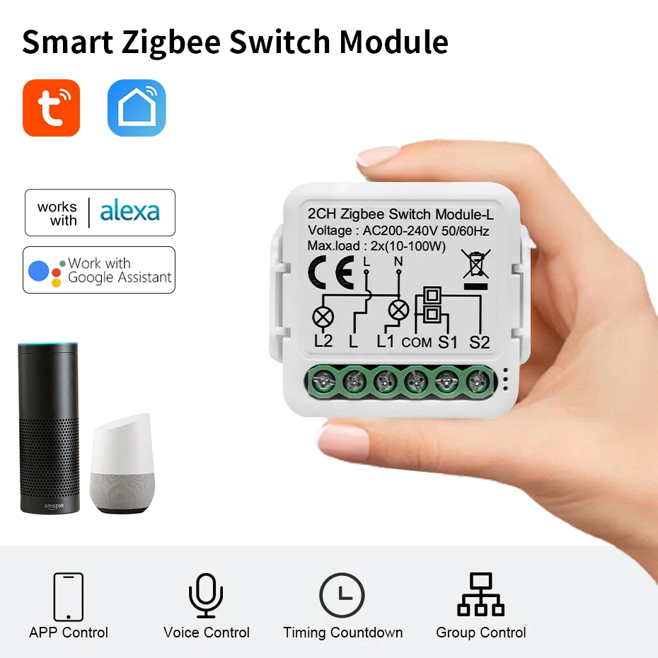 Tuya Smart Zigbee 3.0 Light Switch Module No Neutral Wire Required 2 Way Wireless Control Switch 1/2/3 Gang Alexa Google Home