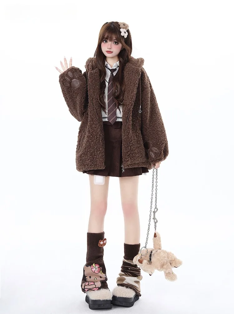 Sweet Cute Bear Ears Hooded Jacket Women Teddy Fur Fall Winter Hooded Thick Lamb Wool Coat Brown Warm Soft Loose Girl Jackets