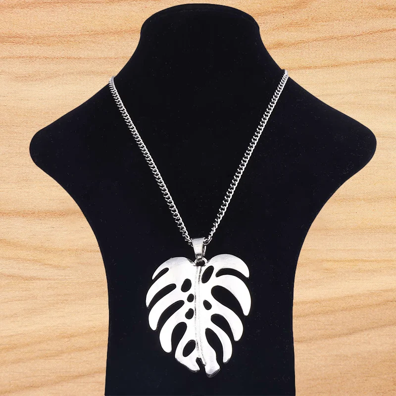 Tibetan Silver Large Monstera Leaf Tropical Palm Leaves Pendant Necklaces Adjustable Length Long Jewelry Choker Link Chain 34