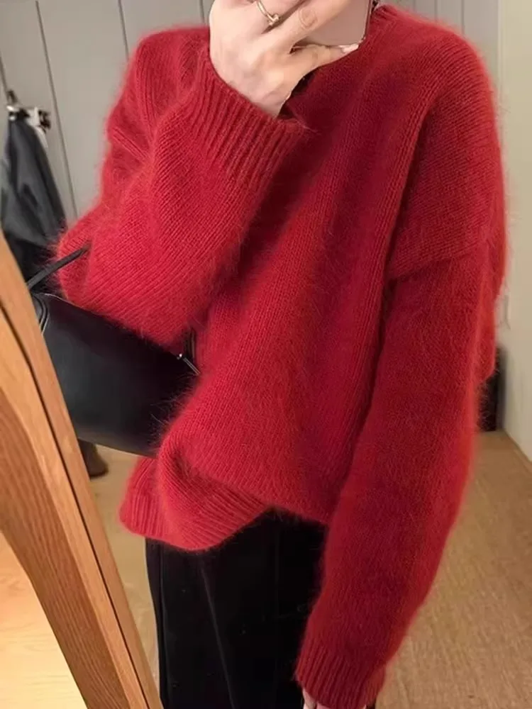 

Свободный длинный свек, круглый вязаный свитер Ne, удобный мягкий Camere Cisas Aosphere, новогодний красный трикотаж, моющийся