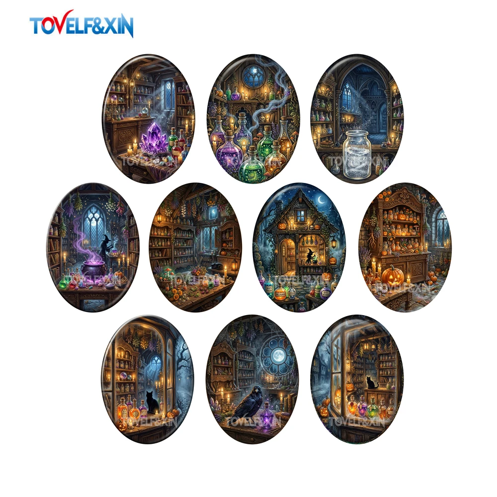 10pcs Halloween Oval Glass Cabochon 18x25mm Haunted Village Ghost Pumpkin Witch Gothic DIY Jewelry Making Craft Supplies