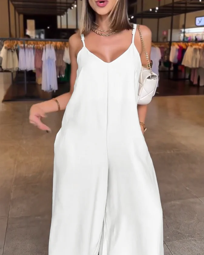 Women's Jumpsuit Plain Adjustable Strap Wide Leg Jumpsuit Casual Loose Fit Romper Street Fashion Retro Casual Jumpsuit