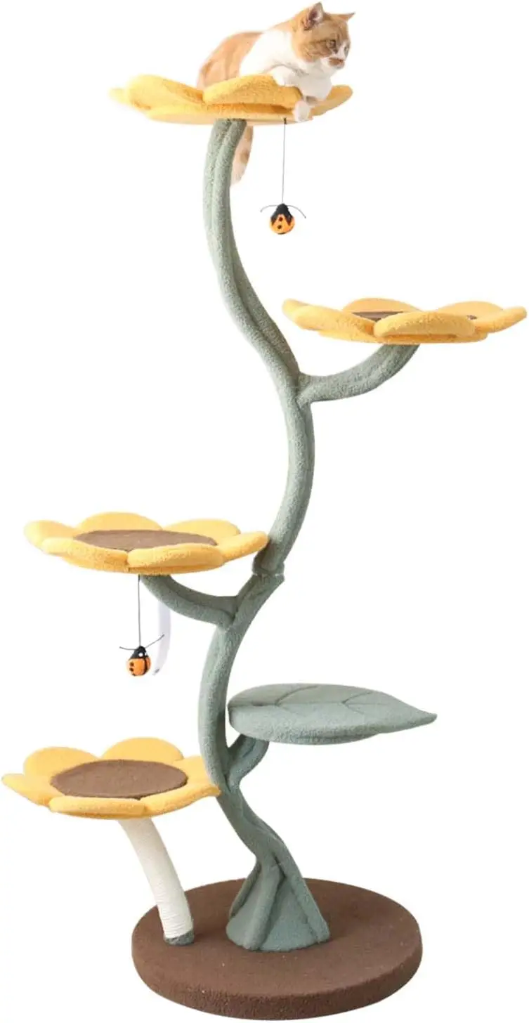 

Sunflower Modern Cat Tree Tower 68”， Teddy Fleece Tall Cat Tower for Indoor Cats, Multi-level Cat Furniture