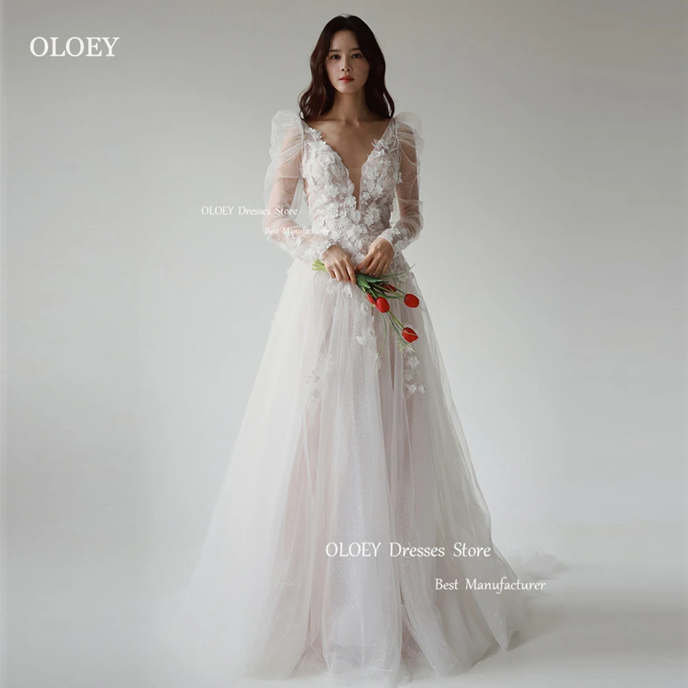 

OLOEY New Design A Line Tulle Korea Ivory Wedding Dresses With Jacket Embroidery 3D Flowers Bridal Gown Corset Floor Length