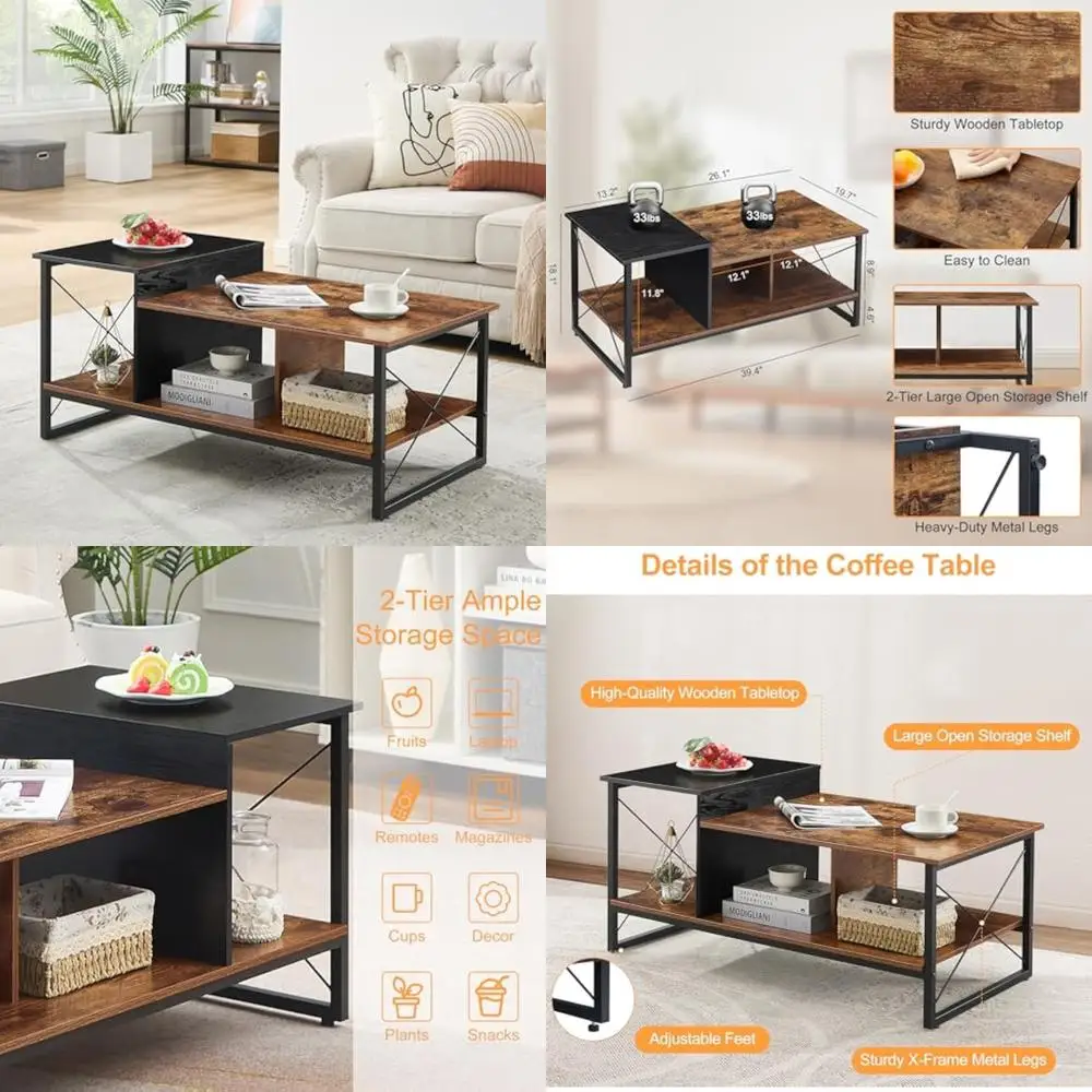 

Two-Tier Black Coffee Table with Storage Shelf, Metal Frame and Wooden Top for Living Room or Office, Modern Design