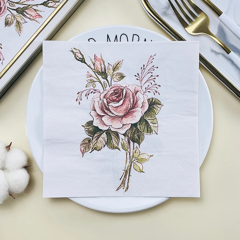 Printed Napkin Hotel Wedding Table Setting Western Restaurant Cafe Mouth Cloth Vintage Rose Pattern Coloured Paper Napkins Cheap