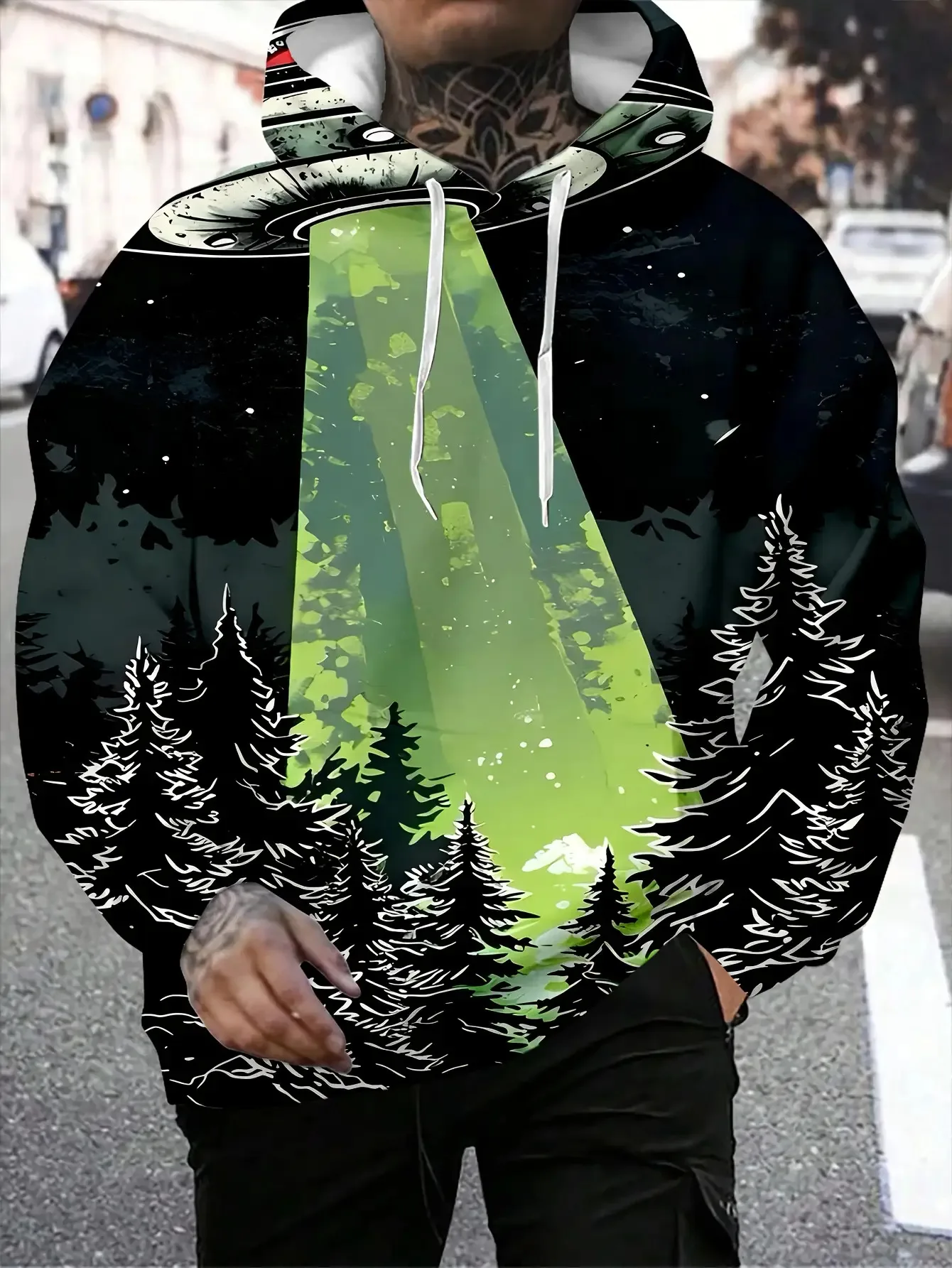 Unisex UFO Alien Forest Starry Sky 3D Print Hoodie Retro Sci-Fi Graphic Long Sleeve Oversized Casual Hooded Pullover Sweatshirt
