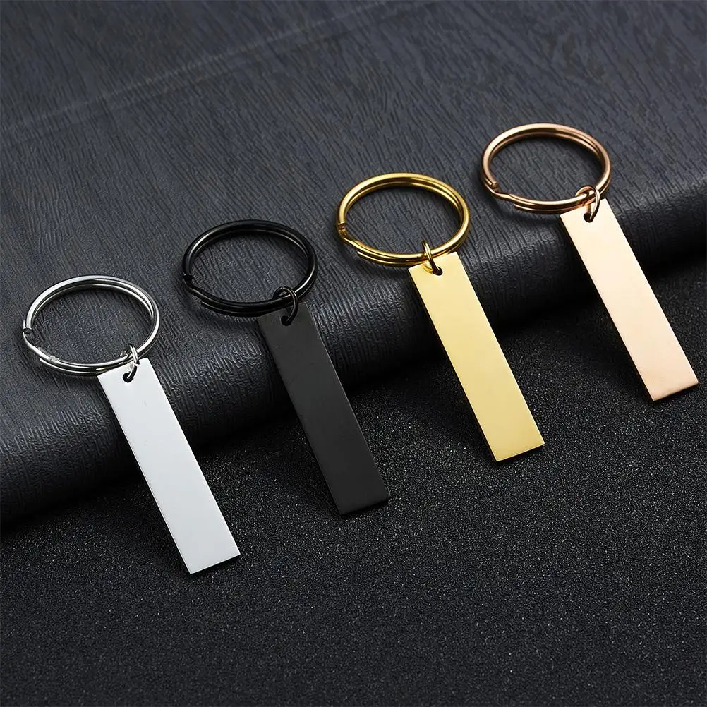 5 Pcs Glossy Strip Hangtag Keychains Unfinished Carving Making Tags Stainless Steel Rings Metal Blanks Ketchains Hanging