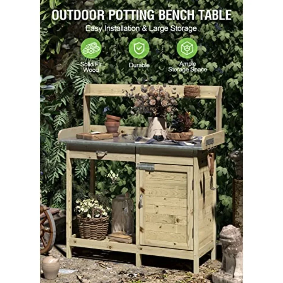 Outdoor Potting Bench with Stainless Steel Tabletop, Wooden Garden Workstation with Storage Shelves for Planting, Repotting and
