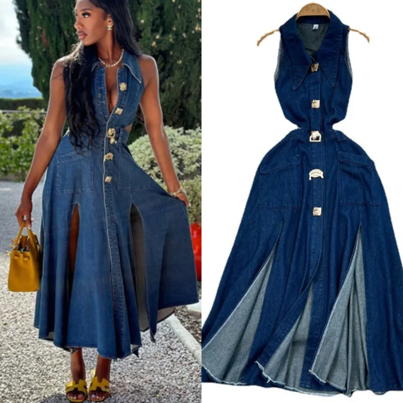 Denim Hollow Waist Sleeveless Vest Dress Women 2024 Fashion Retro Button Single Breasted A-line Split Denim Lapel Loose Dress