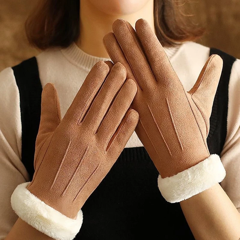 Gants de cyclisme en cuir suédé pour femme, mitaines épaisses, velours chaud, peluche, extérieur, écran tactile, conduite, femme, hiver, automne